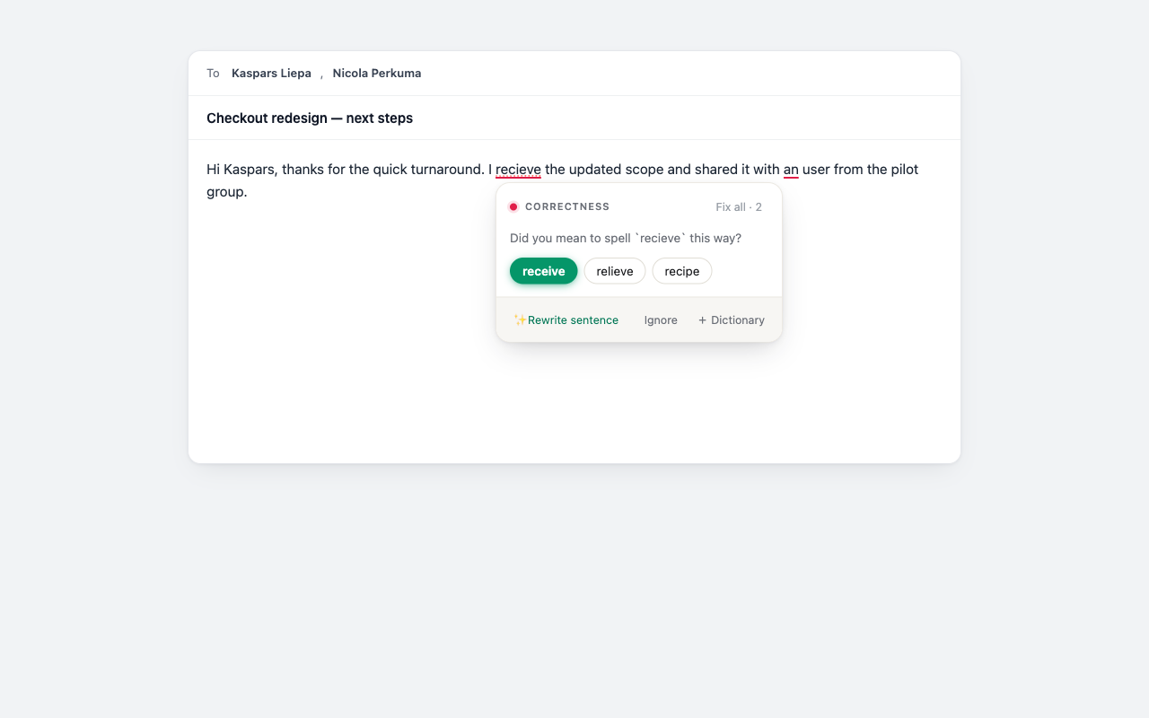 Typefix suggesting the correct spelling of a misspelled word in an email draft, with one-click fixes and a Rewrite sentence option.