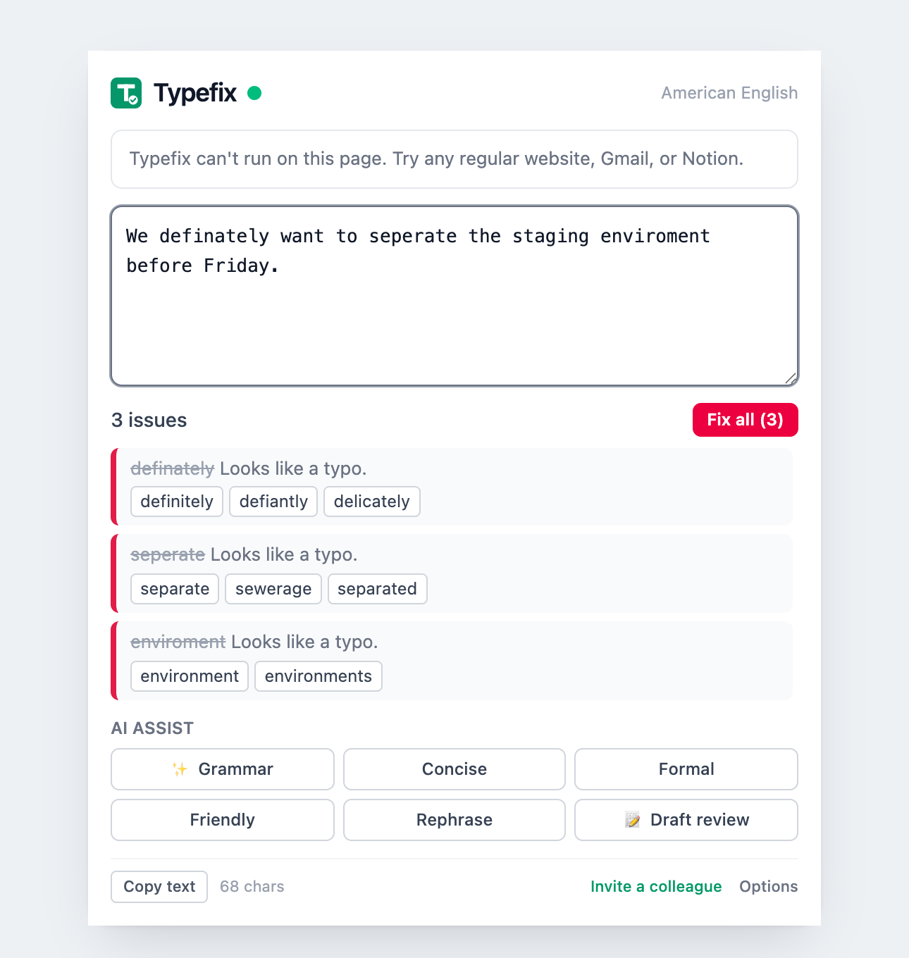 The Typefix popup scratchpad listing on-device spelling and grammar issues with a Fix all button