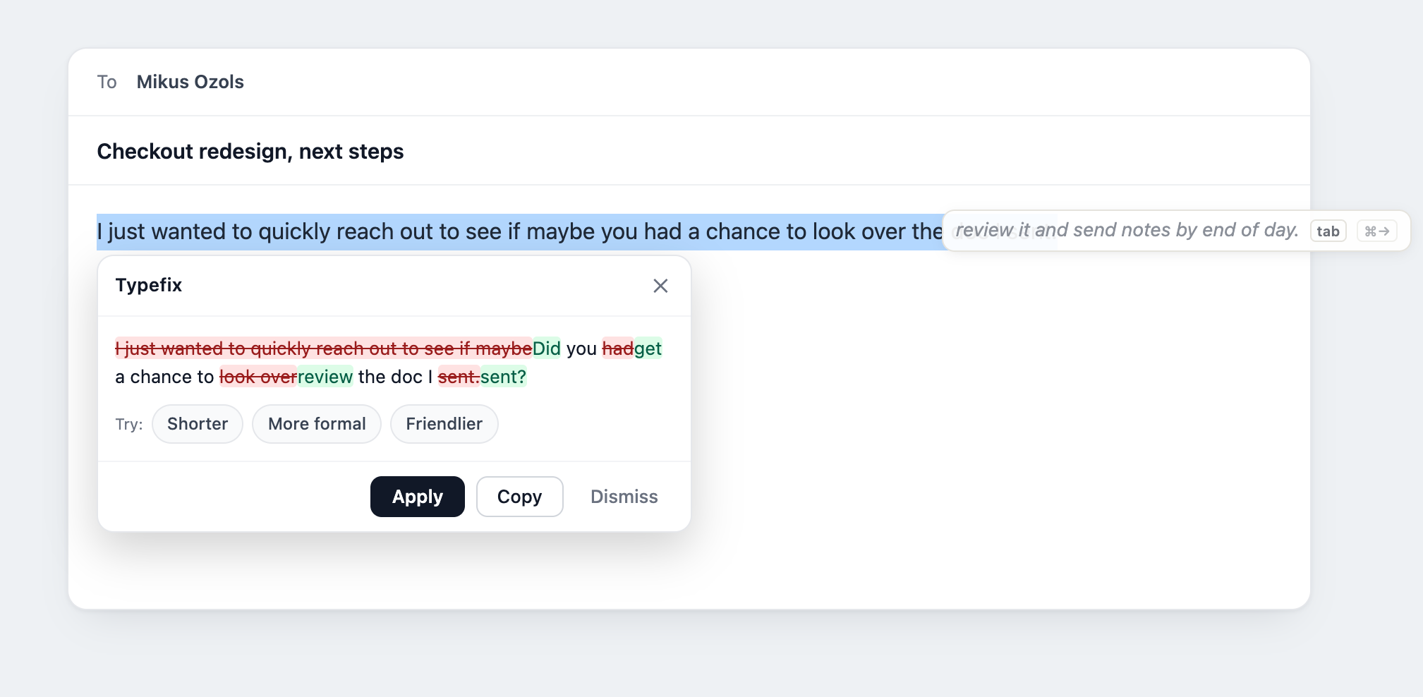 Typefix rewrite card turning a long sentence into a shorter, clearer one, with Shorter, More formal, and Friendlier options